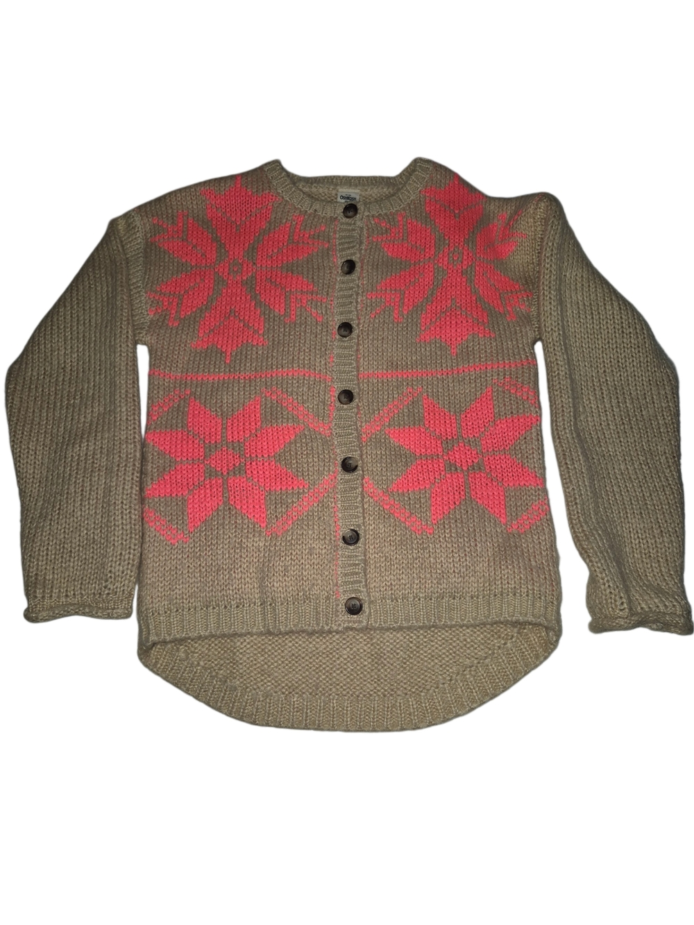 OshKosh Vintage Tan Button-Up Sweater with Coral Snowflake Pattern Size 10